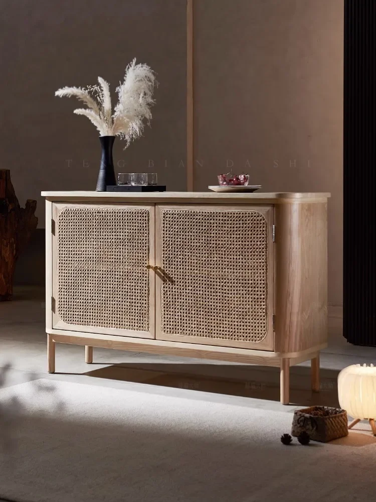 Wooden wind rattan woven sideboard cabinet, minimalist modern tea cabinet, household integrated wall storage cabinet