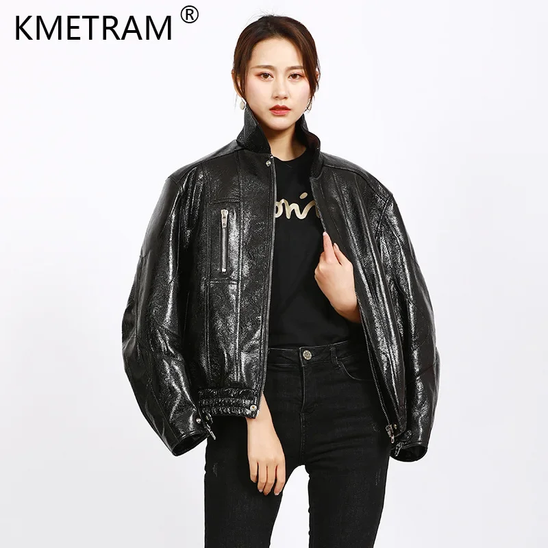 High Street Genuine Sheepskin Jacket Women 2024 Real Leather Jacket Woman Fashion Leather Coat Biker Clothes Standing Collar SGG