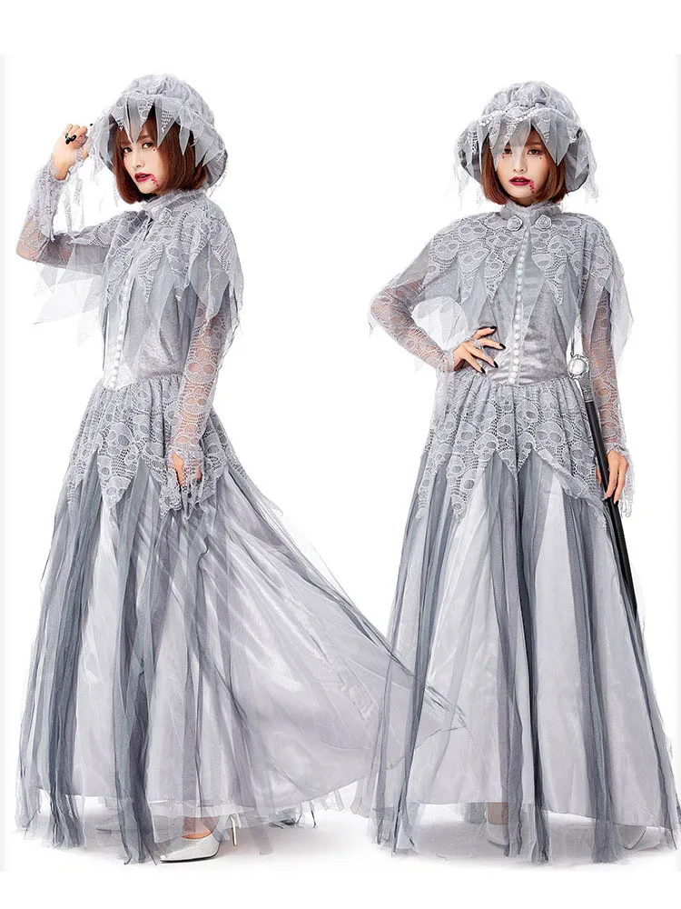 Fsia de Noiva Zumbi Longa para loween, Estilo Vintage, Vestido Longo de Princesa Esqueleto, Traje de Festa de Terror, ...