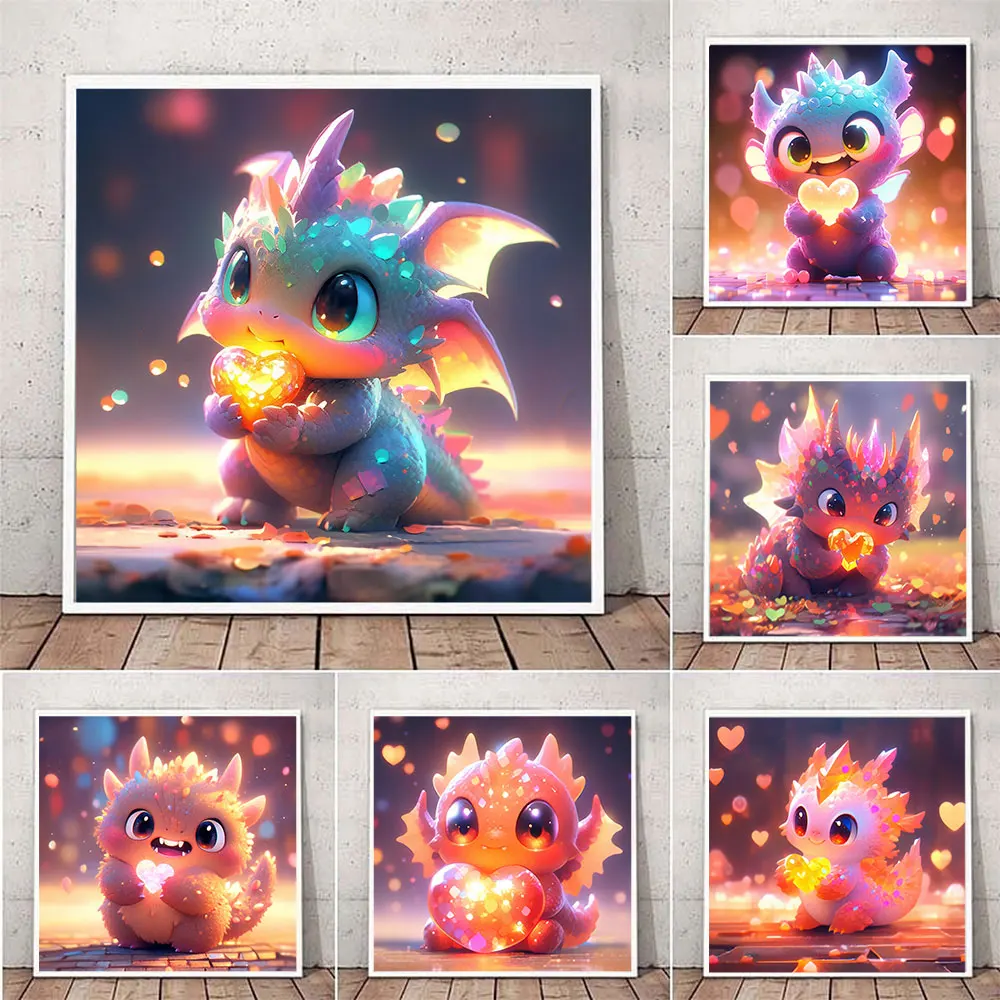 Pintura de diamante redondo 5D DIY, póster de bebé de dragón chino lindo de dibujos animados de Anime, bordado de mosaico a mano, regalos de decoración del hogar para habitación de niños