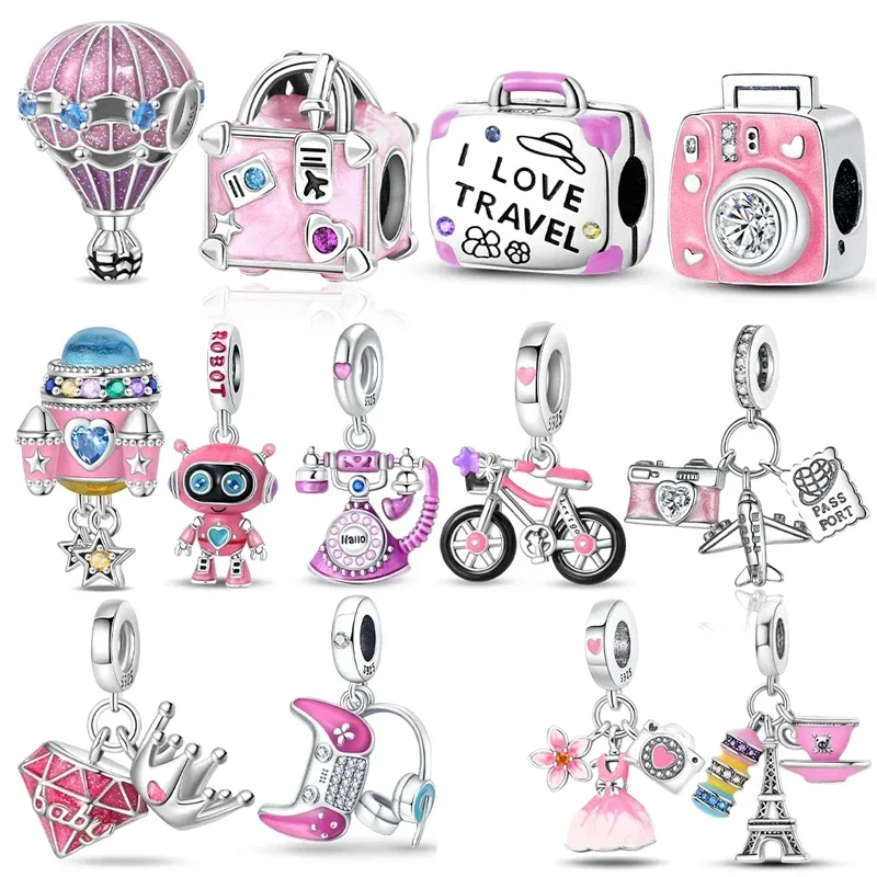 925 Sterling Silver Travel Suitcase Charms Beads Fit Original Bracelets Bag Keychain Charms Beads Pendant Diy Women Jewelry Gift