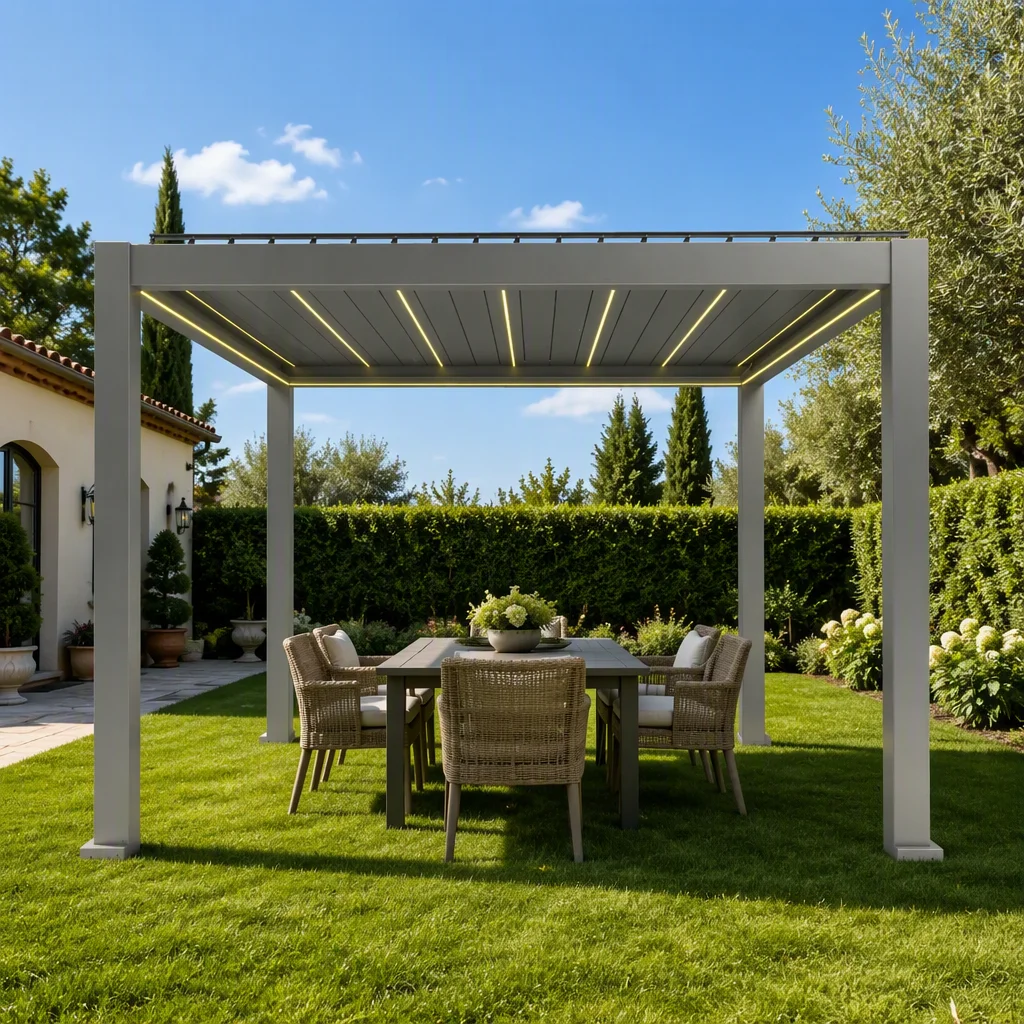Aluminum Motorized Louvered Pergola Kit Adjustable Bioclimatic Roof Windproof Powder Coated Frame Modern Design For Outdoor