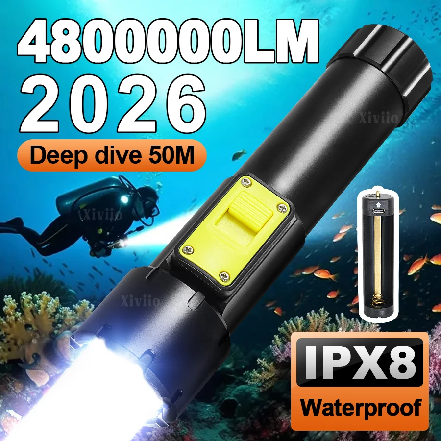 

2026 мощный фонарик для дайвинга, 50 м, IPX8, водонепроницаемый, профессиональный фонарь для дайвинга, портативный светильник для подводного плавания, подводный прожектор