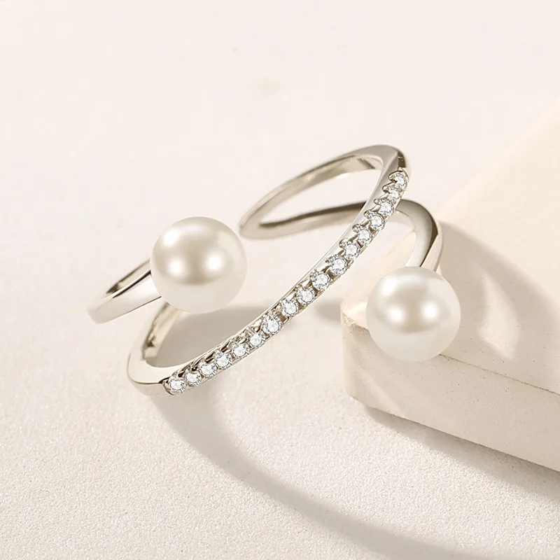 MOVESKI 925 Sterling Silver Double Layer Irregular Pearl Zircon Adjustable Ring Gentle Vintage Women Personality Gift Jewelry