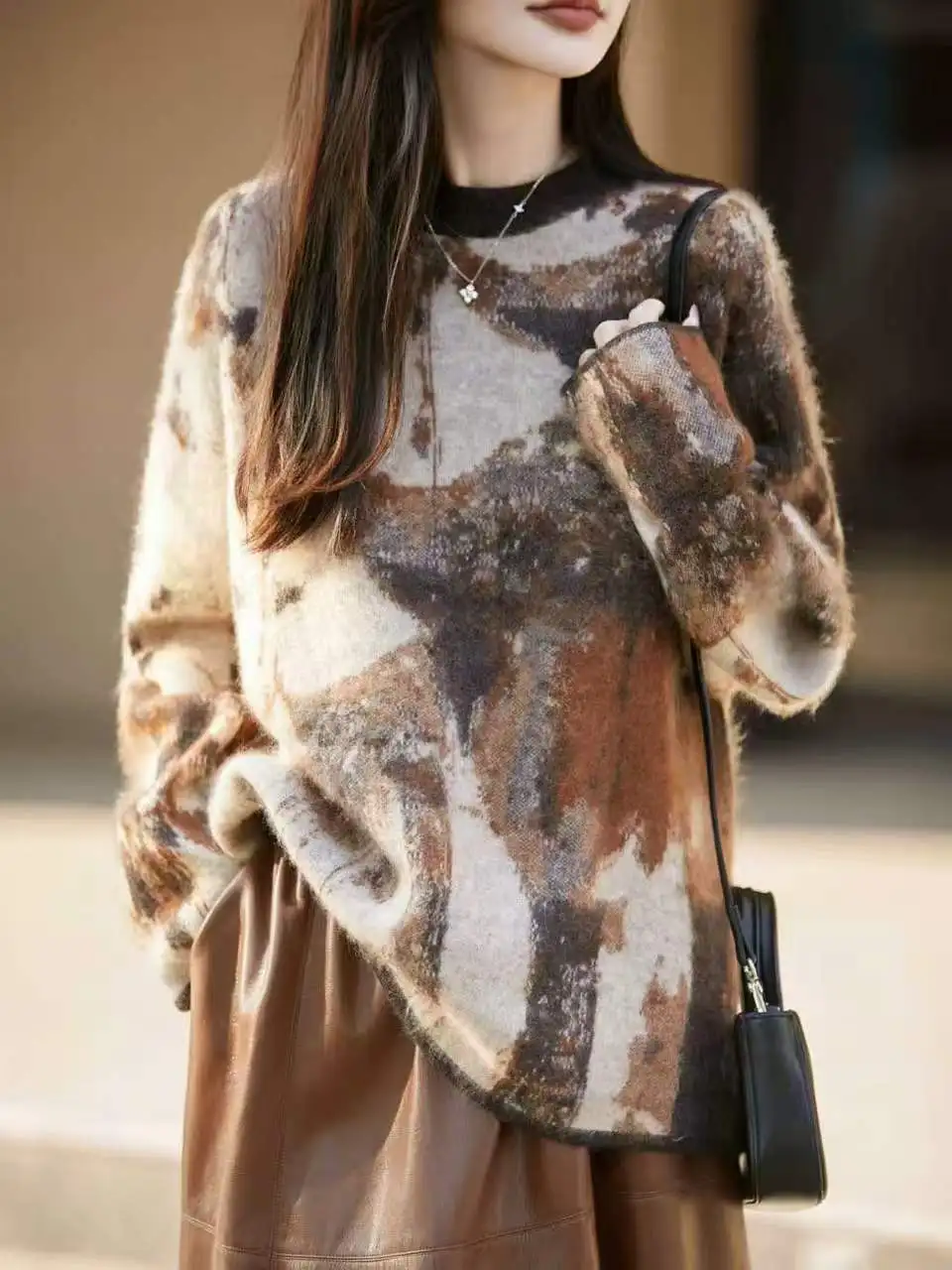 Tufted Tufted Craft New Ink Wind Girl Round Neck Lazy Cashmere Knitted Top