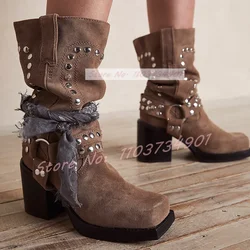 Rivets Mid Calf Square Toe Western Boots Women Chunky High Heel Studded Boots Ladies Flock Retro Fashion Sexy Novelty Shoes