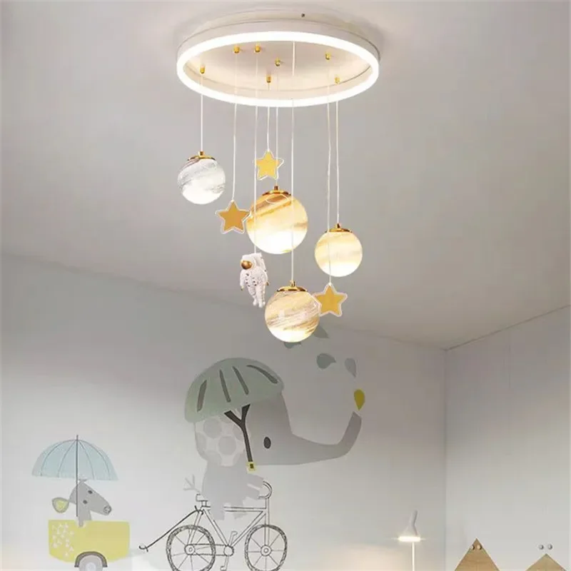 

Round Kids Ceiling Chandelier Planet Ball Spaceman Lamp for Children's Room Living Room Bedroom Decor Cartoon Moon Stars Lamps