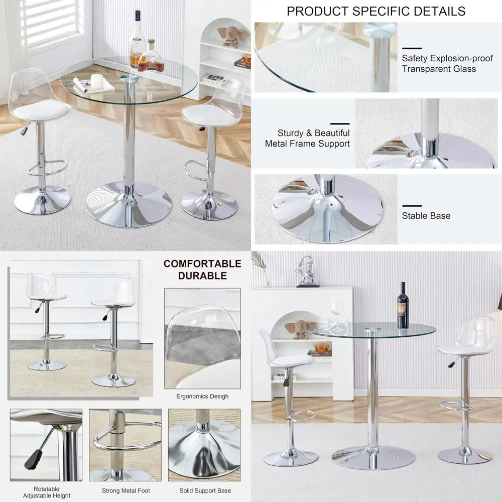 Compact Round Glass Dining Set for Two, Petite Bar Table with Chairs, Circular Kitchen Table Paired with Silver Swivel Stools
