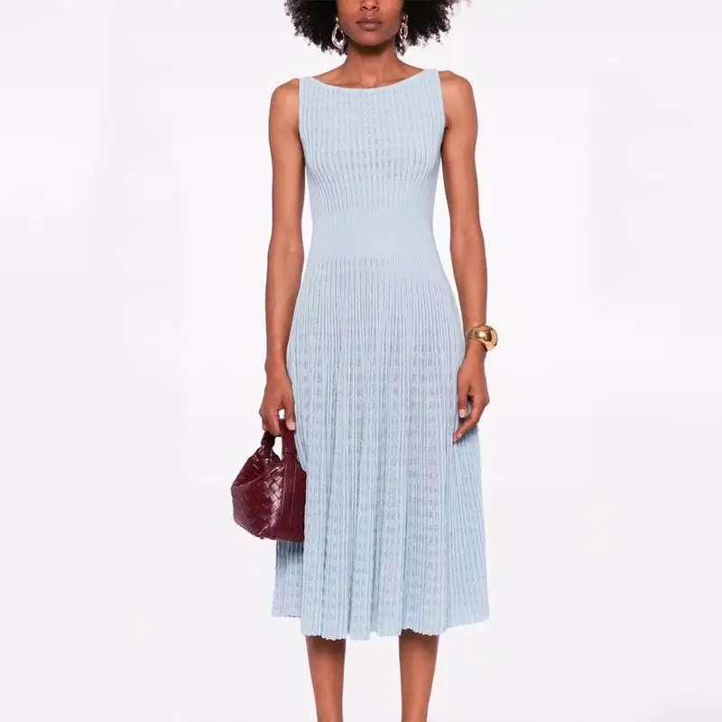 

Light Blue Knitted Sleeveless Vest Dress Elegant Long Gown mid Waist Design Summer Style Midi Skirt Geometric Pattern