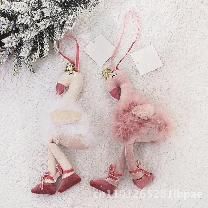 

Swan Doll Christmas Simulation Fabric Ornament Pink & White Holiday Scene Layout Desktop Decoration Semi-Manual Mechanical