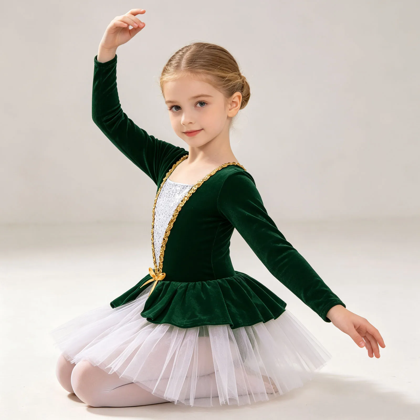 Sequin Christmas Ballet Dance Leotard Dress for Carnival Party Dance Velvet Tutu Dress Long Sleeve Figure Skating Dance Wear