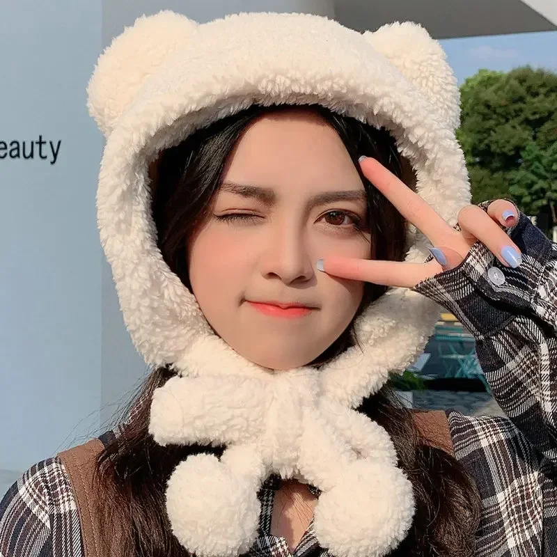 Girl Knit Ear Protection Hat Cute Bear Women Earmuffs Cap Woolen Crochet Bonnet Solid Color Hood Beanies Winter Warm Hats