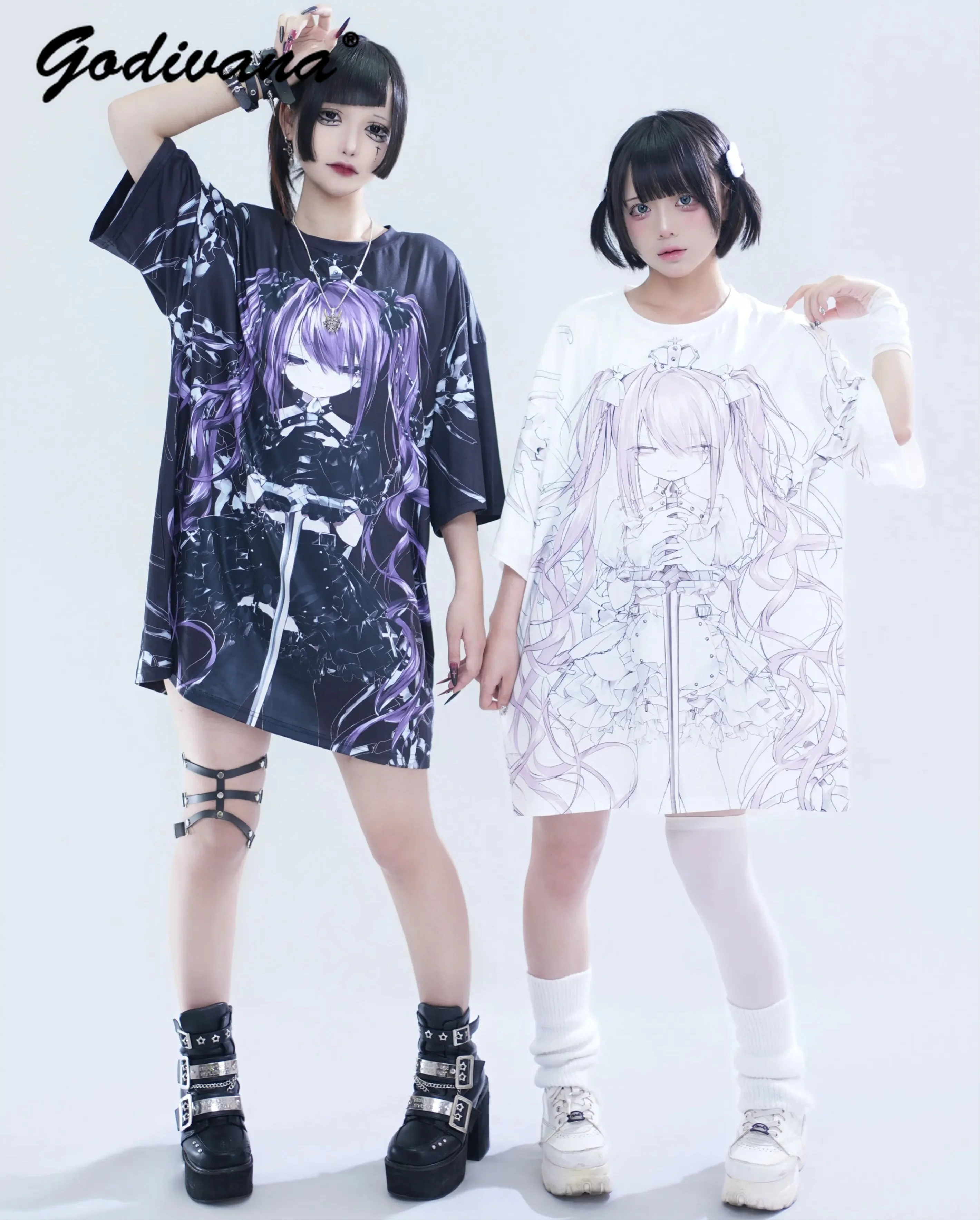Japanese Subculture New Summer Y2K Animation Printing Short-sleeved Loose T-shirt Harajuku Oversized Tee Dress Shirt Tops
