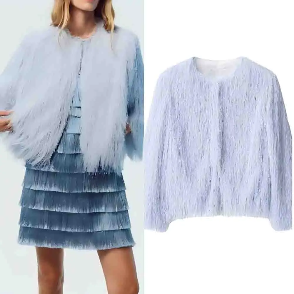 

Women's autumn new fashion tassel decoration short round neck jacket coat retro long sleeved side pocket women's coat chic top