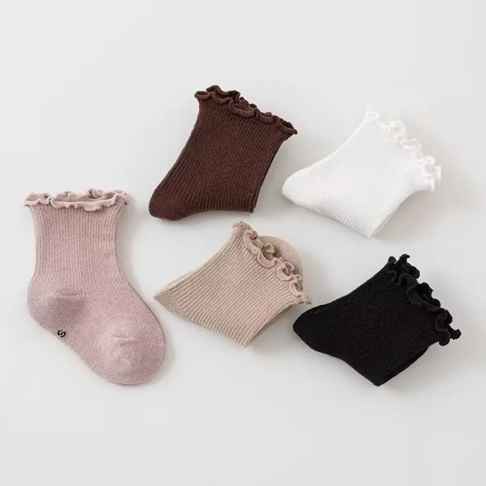 6Pairs Solid Color Ruffle Baby Cotton Socks Breathable Autumn Spring Short Tube Socks Mid-calf Cute Toddle Sweet Socks Children