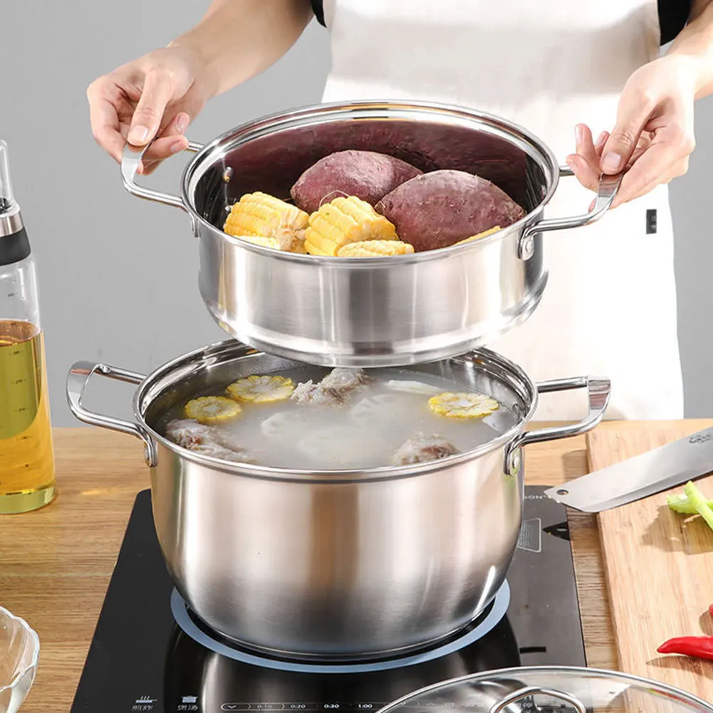 

1pcs Stainless Steel Steamer Pot 3-Layer Soup Cooking Pot Double Handle For Dumplings Fish Vegetables With Steam Basket Lid