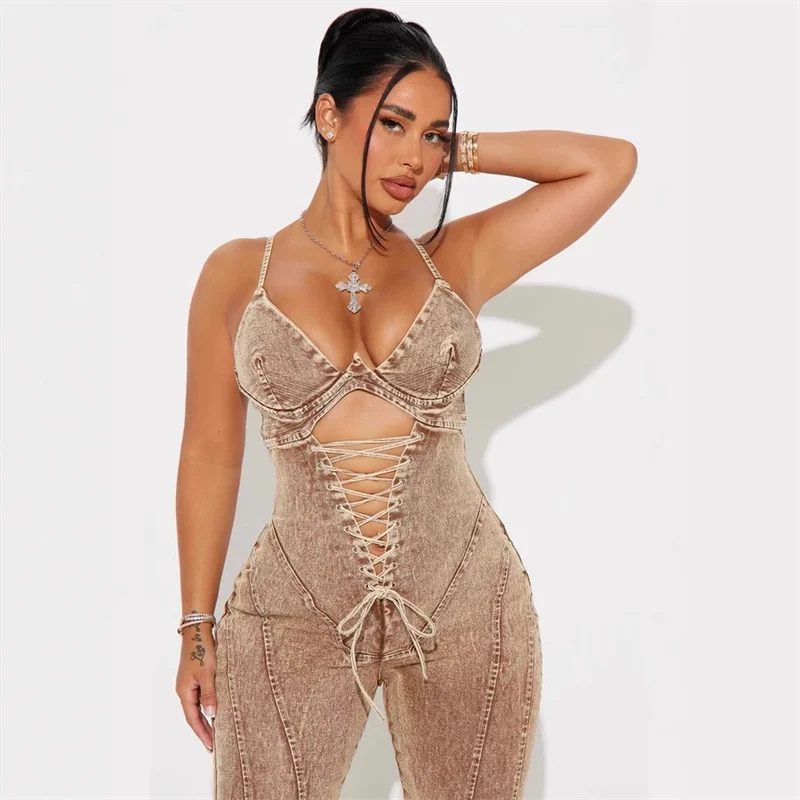 2025 New Celebrity Bodycon Playsuit Khaki V-sexy Fashion Hot Sexy Denim Women Jumpsuit Casual Perspective Women's Bodysuit