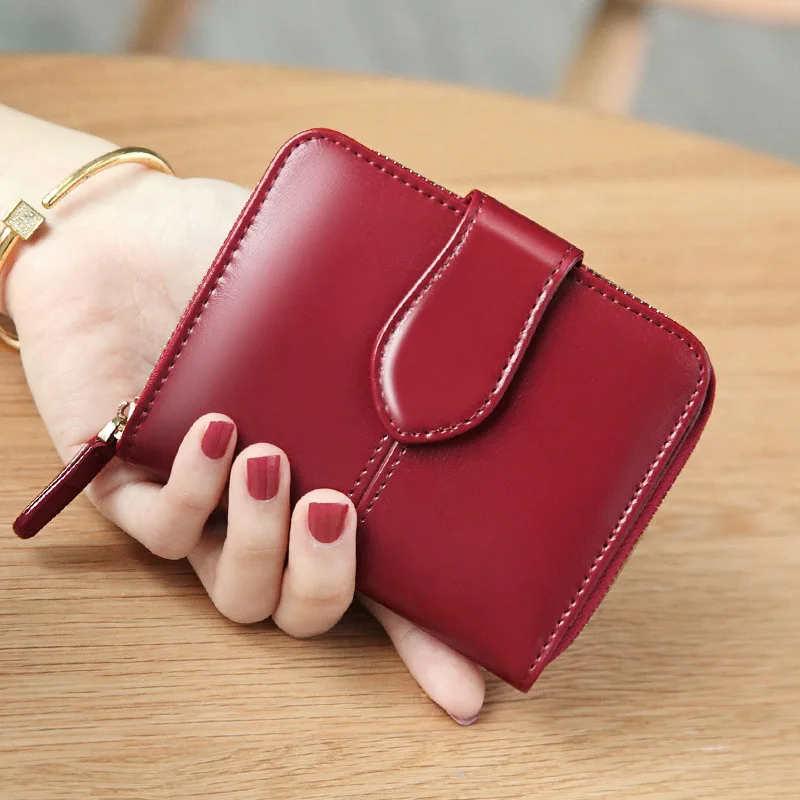 

Oil Wax Women Wallet Genuine Leather Small Short Zipper Card Holders Coin Purses Red Wallets for Women High Quality RFID Wallet