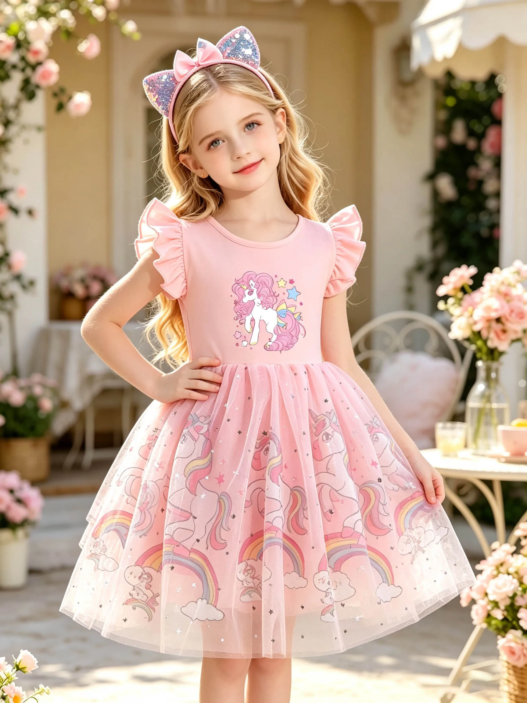 Kurzärmeliges Feenkleid mit Sternen und Pony für kleine Mädchen, Sommer-Tüll-Tutu-Kleid für Kinder mit glitzerndem Regenbogenwolken-Mesh – Detail 4