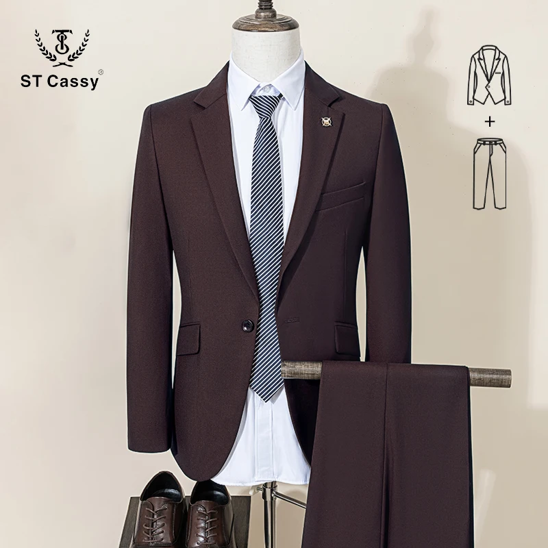 

ST Cassy brown Men's Suit Slim Fit Solid Color Suit Formal Business Office Single Breasted Coat Pants 2 Pieces Set
