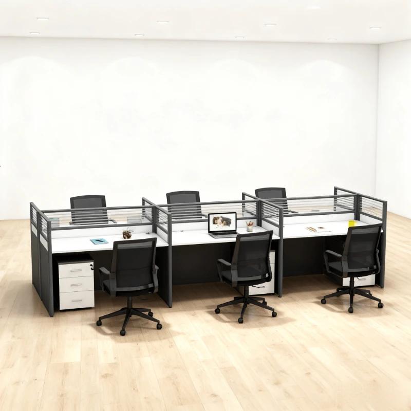 

Modern and durable six-person wooden office workstation desk with dividers and commercial file drawers