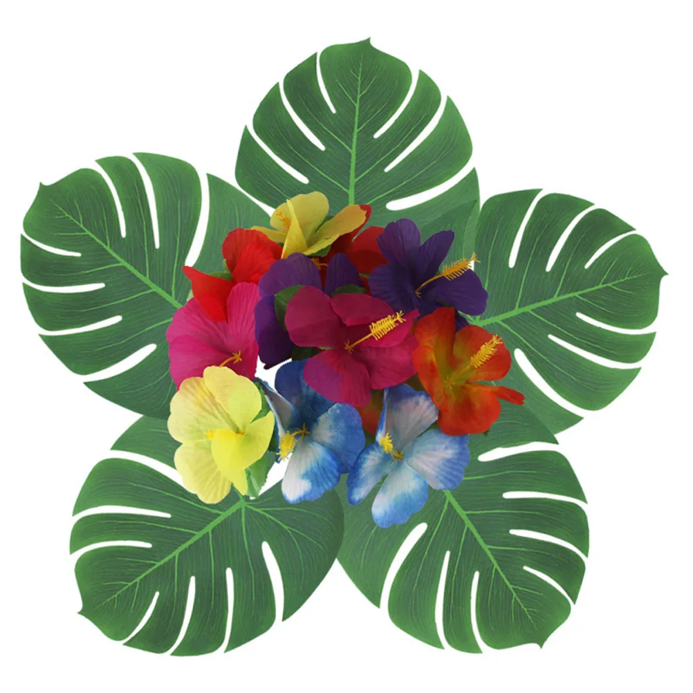 

59pcs Hawaiian Party Table Skirt Desk Skirt with Simulation Monstera for Luau Party Decoration (Set 3)