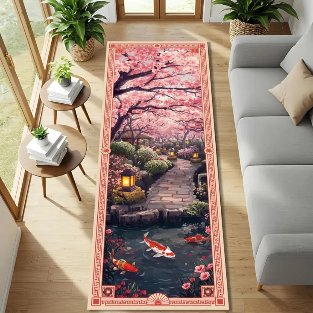 Japanischer Kirschblüten-Koi-Fisch-Flurteppich, Teppich mit asiatischem Gartenlandschaftsmuster für Wohnzimmer, Eingangsbereich, rutschfeste Bodenmatte