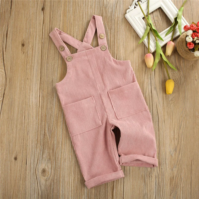 Blotona Toddler Baby Corduroy Suspender Rompers Candy Color Adjustable Strap Pockets Overalls Spring Fall Button Trousers, 6M-5Y