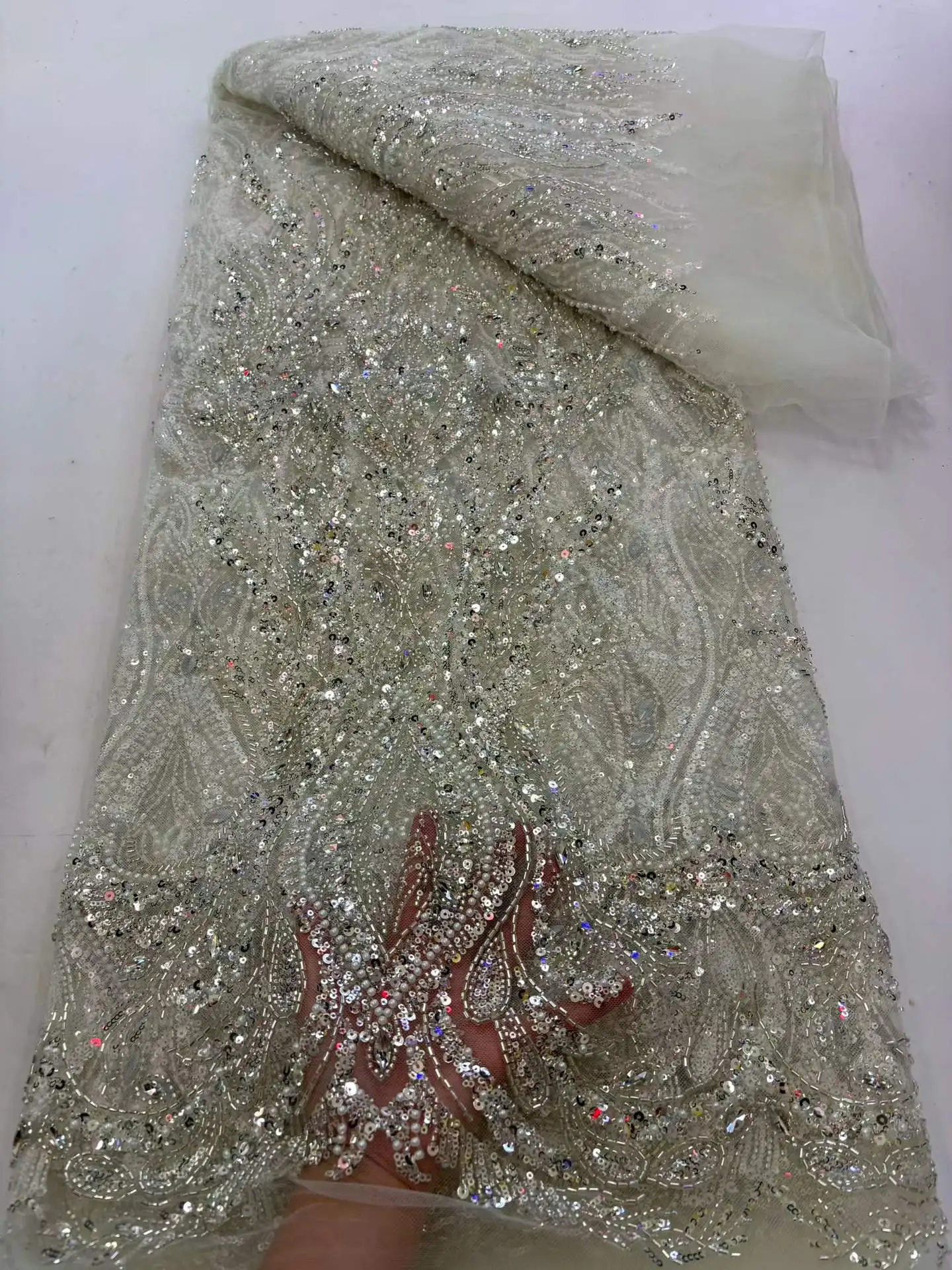 2026 High Grade Shiny Sequins Tulle Lace Fabric with Tube Beads Sequins Embroidery French Net Lace for Party Wedding