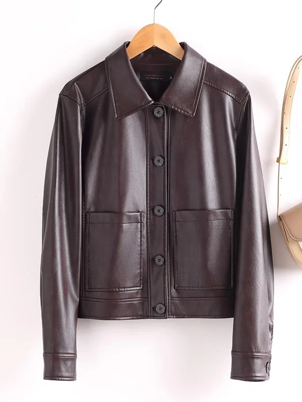 Skórzana kurtka motocyklowa damska, dopasowany krój, casualowa kurtka ze skóry bydlęcej, kołnierz w stylu brytyjskim, jesień 2025, modna odzież wierzchnia damska.