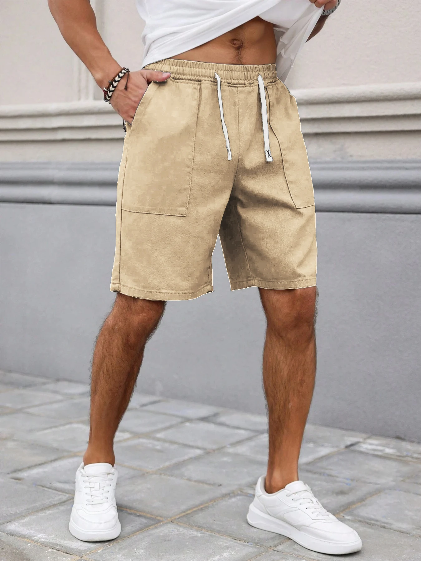 Sommer Herren Retro Amerikanischer Stil Shorts mit Kordelzug Lässige Hosen Einfarbig Trendige Mittellange Herrenshorts – Detail 6