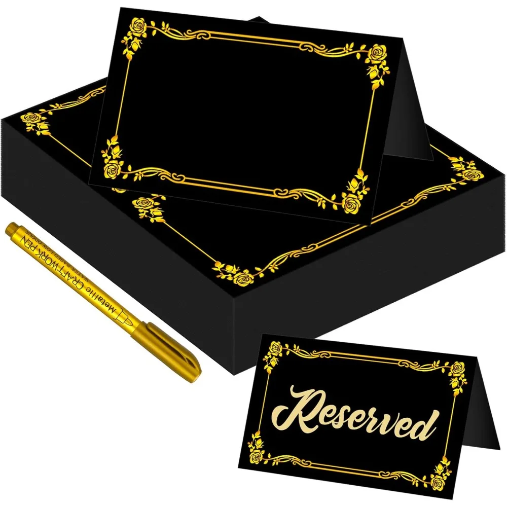 

100 Pcs Black Place Cards and Gold Pen for Weddings, Name Cards with Gold Foil Border for Table Setting Folded Table Tents Sign