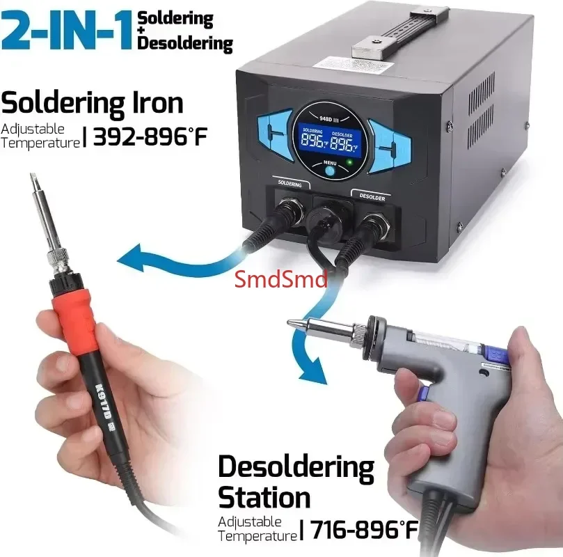 948D III Upgraded 2-IN-1 ESD Safe Soldering Desoldering Station with Fast-Heating Desoldering Gun & Soldering Iron, Sleep Mo