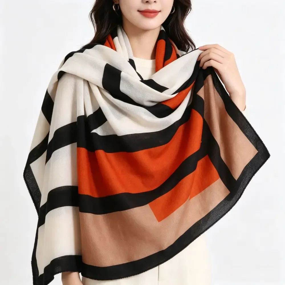 Women Oversized Blanket Scarf Geometric Color Block Stripe Print Soft Warm Shawl Wrap Large Headscarf Autumn Winter Ladies