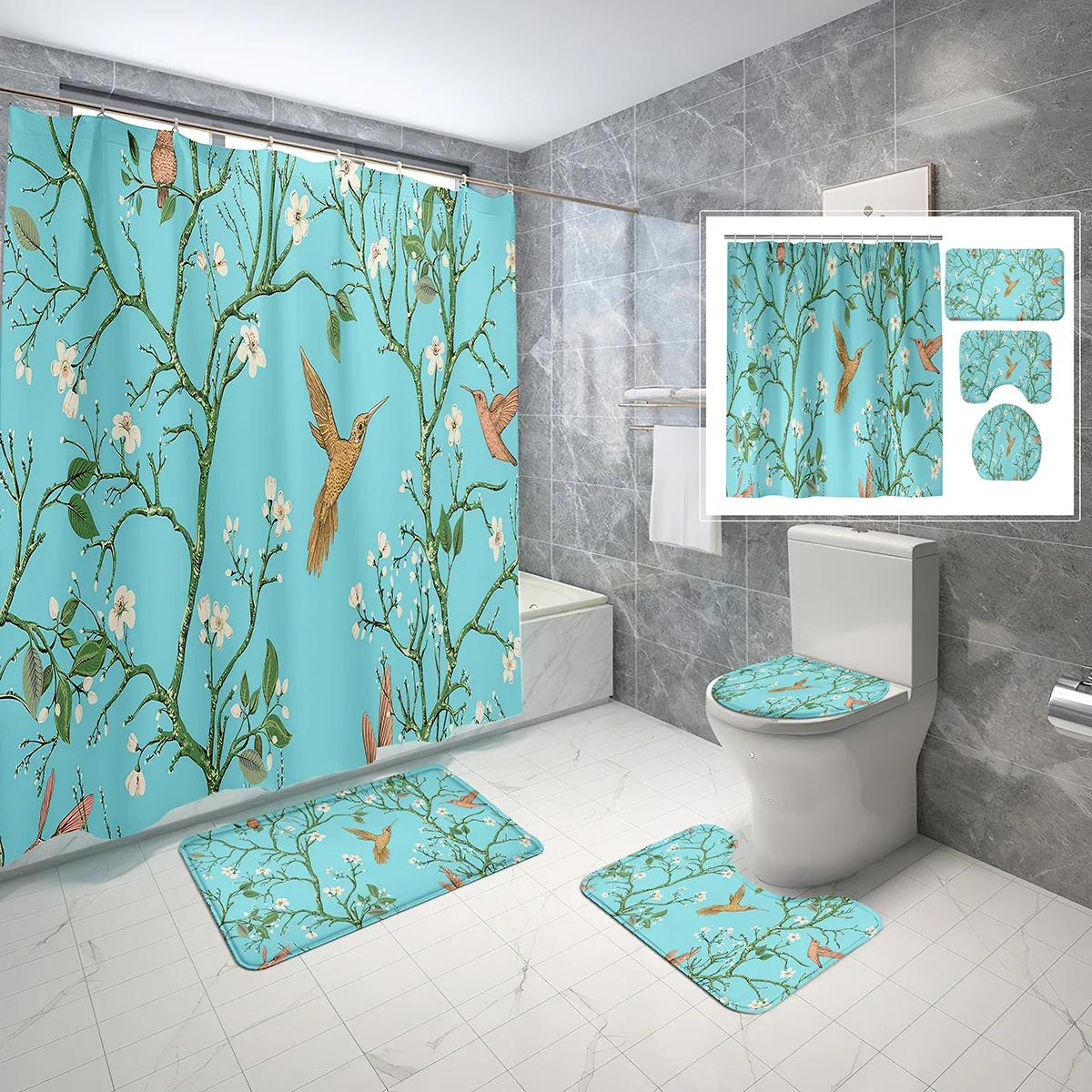 4 Pcs Bird Shower Curtain Sets Modern Spring Watercolor Floral Bird Non-slip Bath Mat Toilet Lid Waterproof Shower Curtain Set