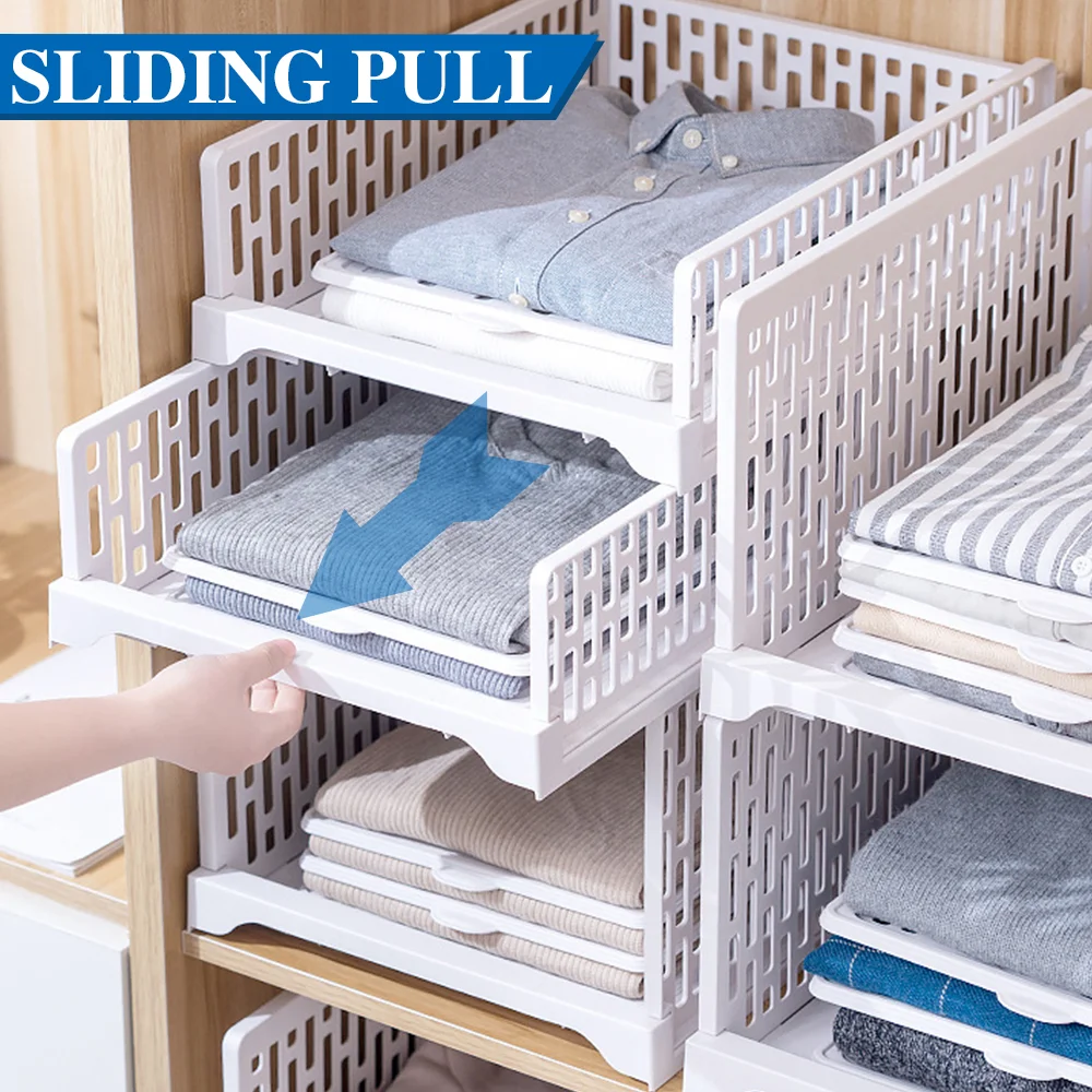 Stackable Wardrobe Storage Rack Storage Basket Clothes Layered Partition Shelf Toy Books Organize Assembled Sliding Drawer
