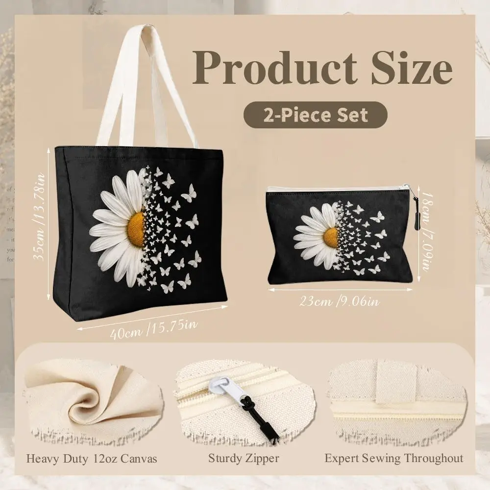 Butterfly Flower Storage Bags 2-Piece Women's Canvas Zipper Large Capacity Reusable Daily Commute Shopping&School&Gift