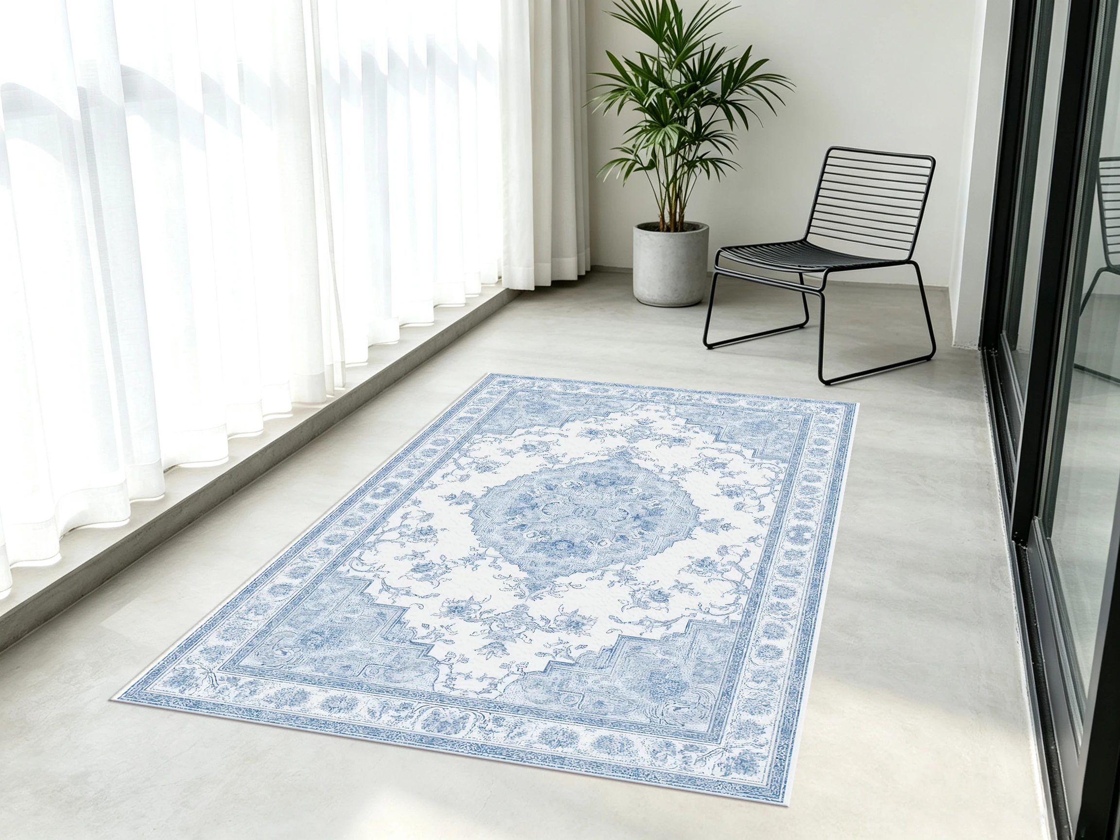 European Retro Floral Pattern 2D Rug, Light Blue & Off-White, Exuding a Luxurious Feel, Soft & Comfortable, Suitable for