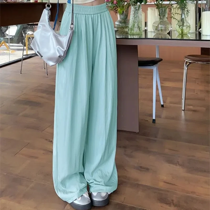 

2024 Summer Women's New Splicing Solid Color Straight Leg Wide Leg Elasticized High-waisted Pocket Loose Casual Slimming Pants