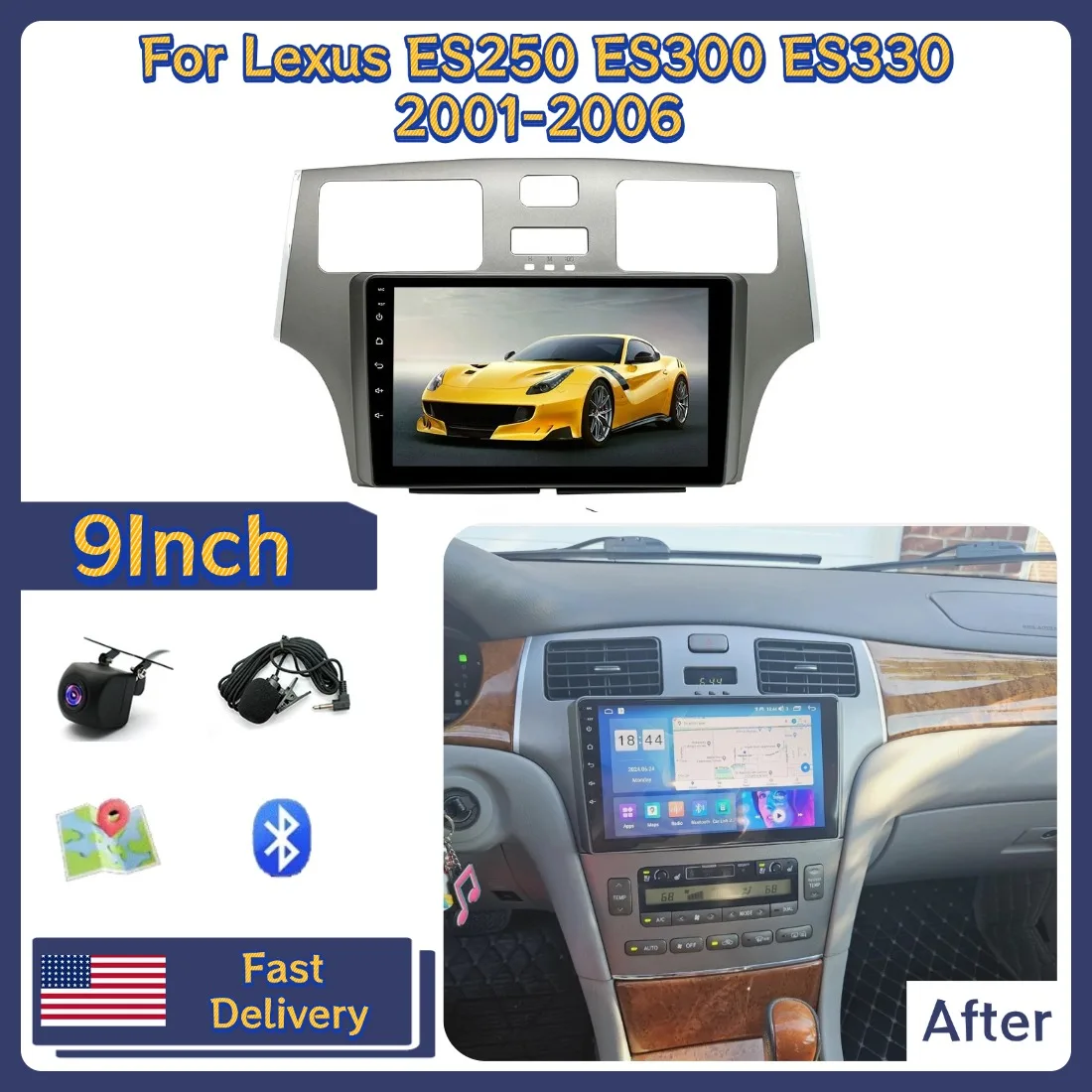 9inch Car Stereo Radio For Lexus ES250 ES300 ES330 2001-2006 4+64G GPS Navigation For Carplay Android 15 Bluetooth WiFi