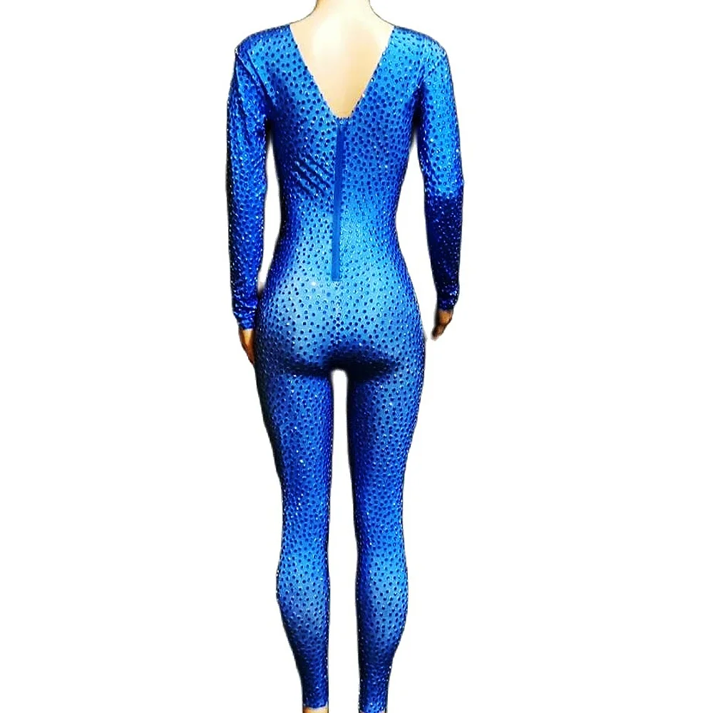 Brilhante azul strass manga longa macacões feminino boate trajes de dança desempenho estiramento aniversário celebrar outfit