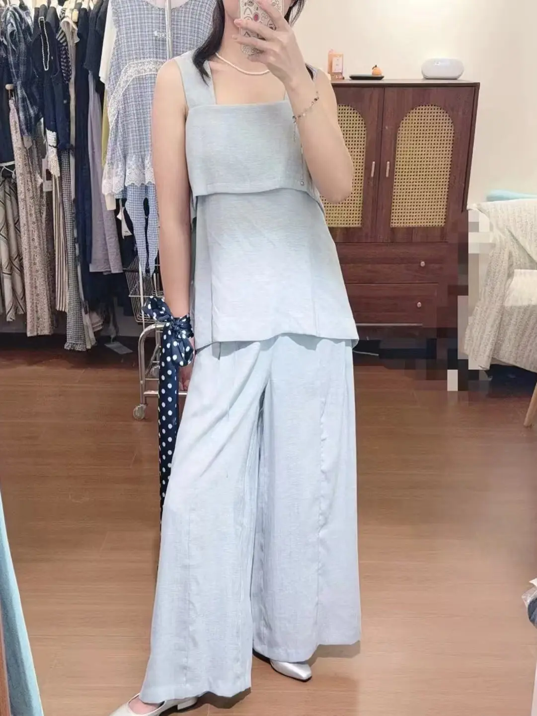 

Blue Sleeveless Vest Women's Fashionable Summer 2026 Slimming Casual Wide Leg Pants Suitable Set Trendy High Waist Pants