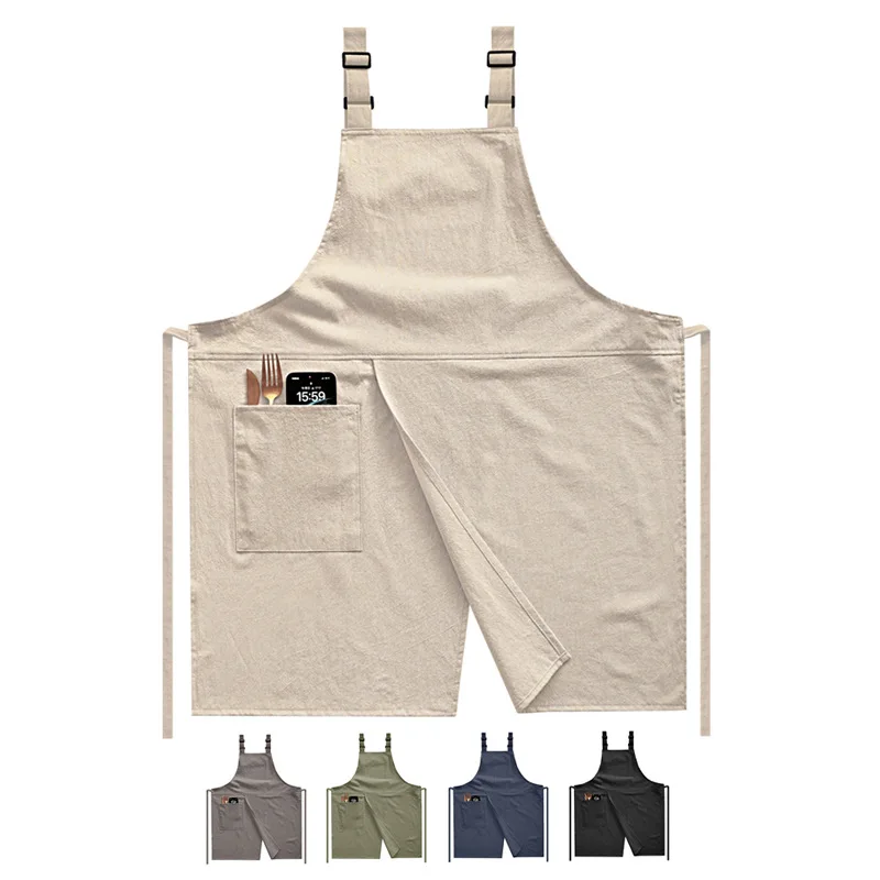 Versatile Cotton Linen Apron for Kitchen Restaurant Baking DIY Logo Embroidered Home Cleaning Wear