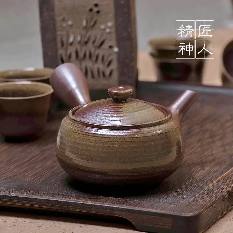 Japanese Imported Banko Side-Handle Teapot With Stainless Steel Strainer, Japanese-Style Horizontal Handle, Rustic Pottery Color