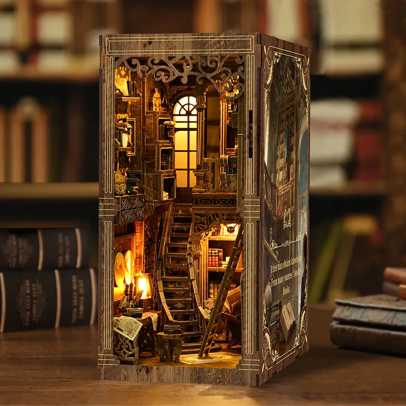 Fai da te in legno antico collezione di libri sala libro angolo scaffale inserto kit modello in miniatura con libreria leggera fermalibri regali per amici