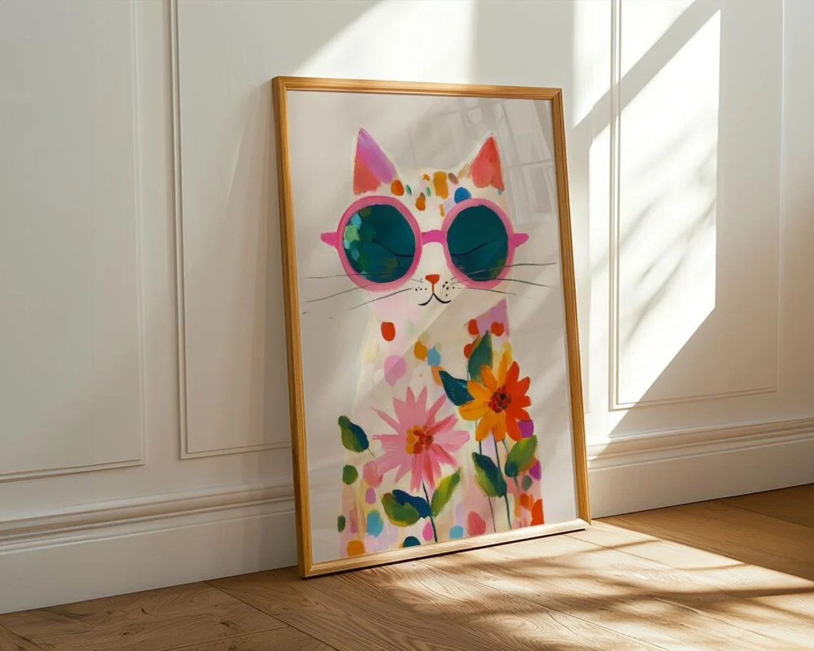 “Colorful Boho Cat Wall Art: Playful Polka Dot Kitten in Pink Sunglasses with Floral Accents – Vibrant Abstract Watercolor Print view 4