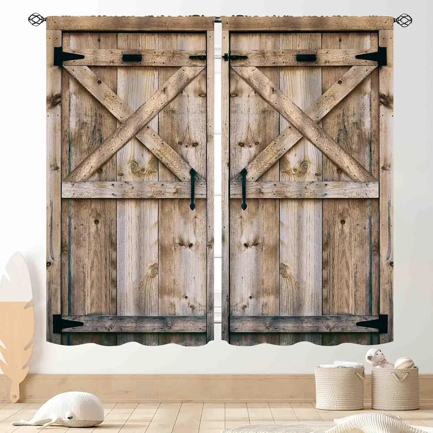 Rustic Wooden Curtains, Farmhouse Western Wood Barn Door Cabin Plank Board Barnwood Garage Gate Vintage Country Blackout