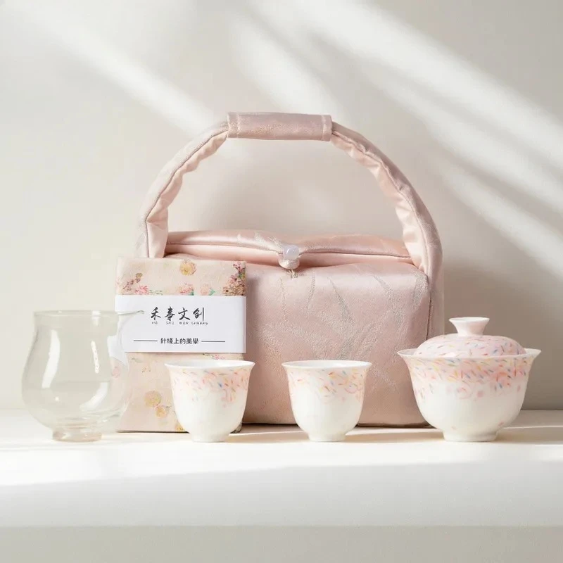 

Colorful Needle Sweet Candy Travel Tea Set Kit Vintage 1 Bowl 2 Cups Tea Maker Organizer Portable Picnic Tote Bag Ornaments Gift