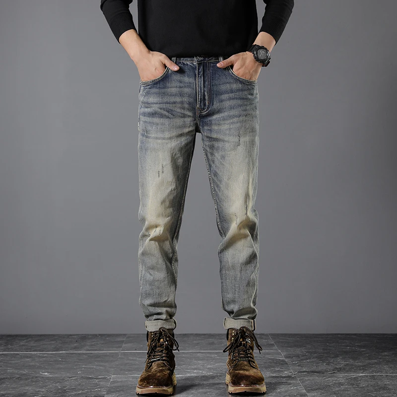 Red-Ear Denim Autumn Men's Jeans 2024 New Street American Retro High-End Washed Old Slim Fit Ankle Tight Trousers Hombre