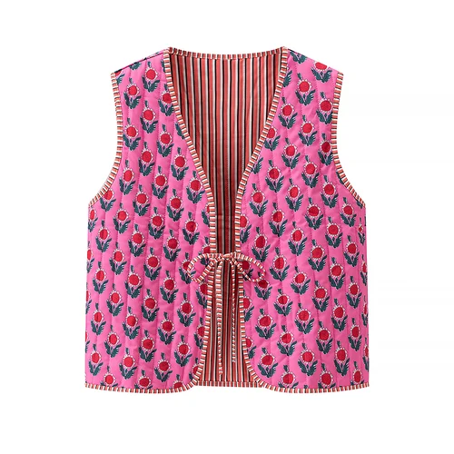 Imagen 2 del producto 2025 otoño mujer estilo nacional sin mangas Patchwork estampado Floral chaleco acolchado chaqueta señoras encaje hasta chaleco Chic Crop Tops